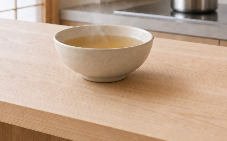 A bowl of clear pale-gold dashi, Japanese kelp and bonito stock, on a hinoki counter