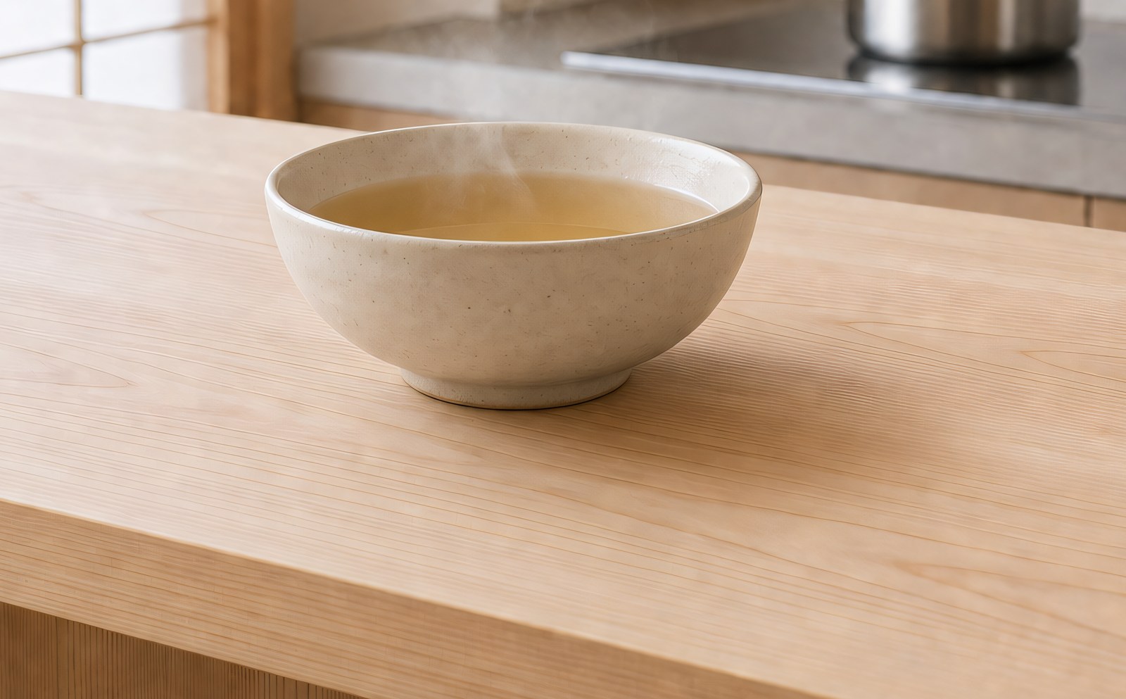 A bowl of clear pale-gold dashi, Japanese kelp and bonito stock, on a hinoki counter