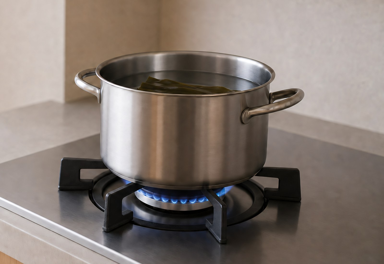 Step 2: a piece of dried Rishiri konbu soaking in cold water inside a stainless pot on a