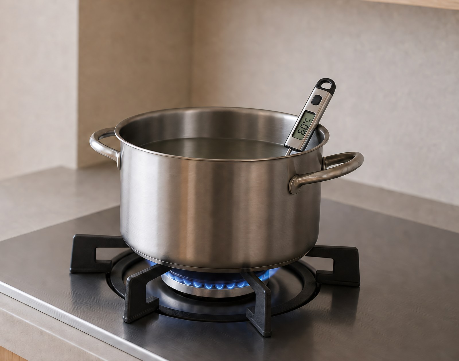 Step 3: an instant-read thermometer showing 60C dipped into a pale konbu soaking pot on 