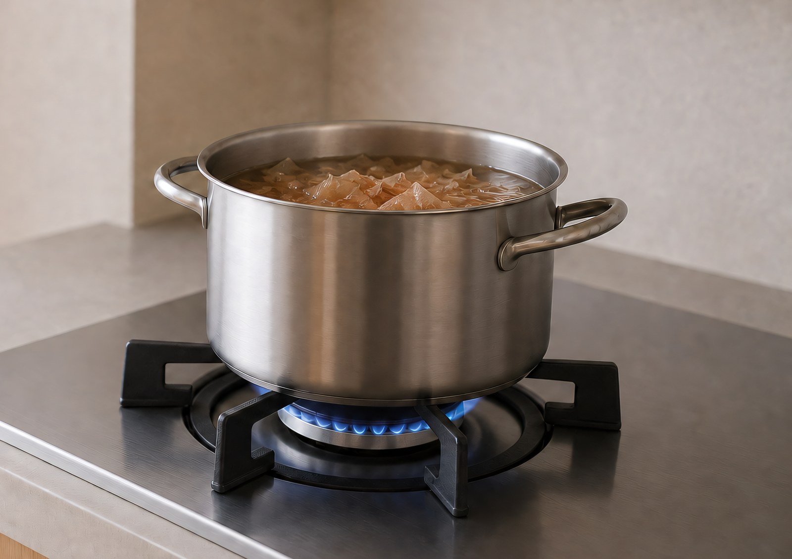 Step 6: a generous handful of katsuobushi shavings sinking into hot water in a stainless