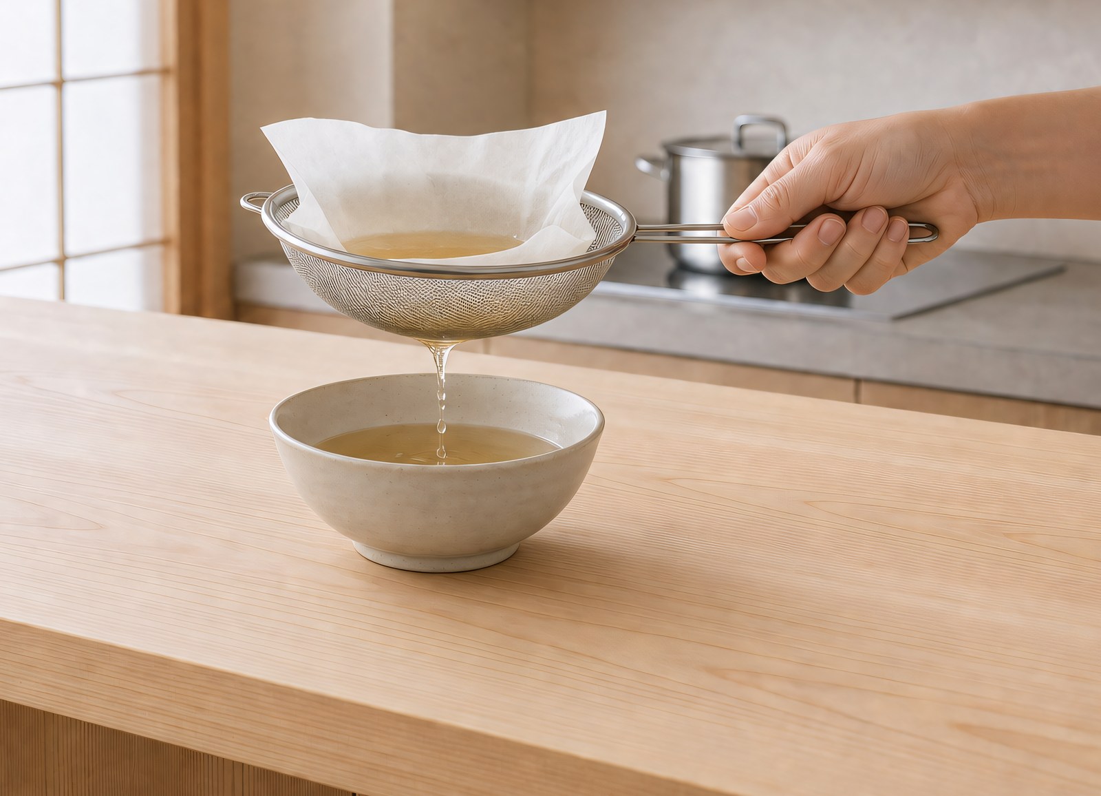 Step 7: pale gold dashi being strained slowly through a paper-lined fine mesh sieve into