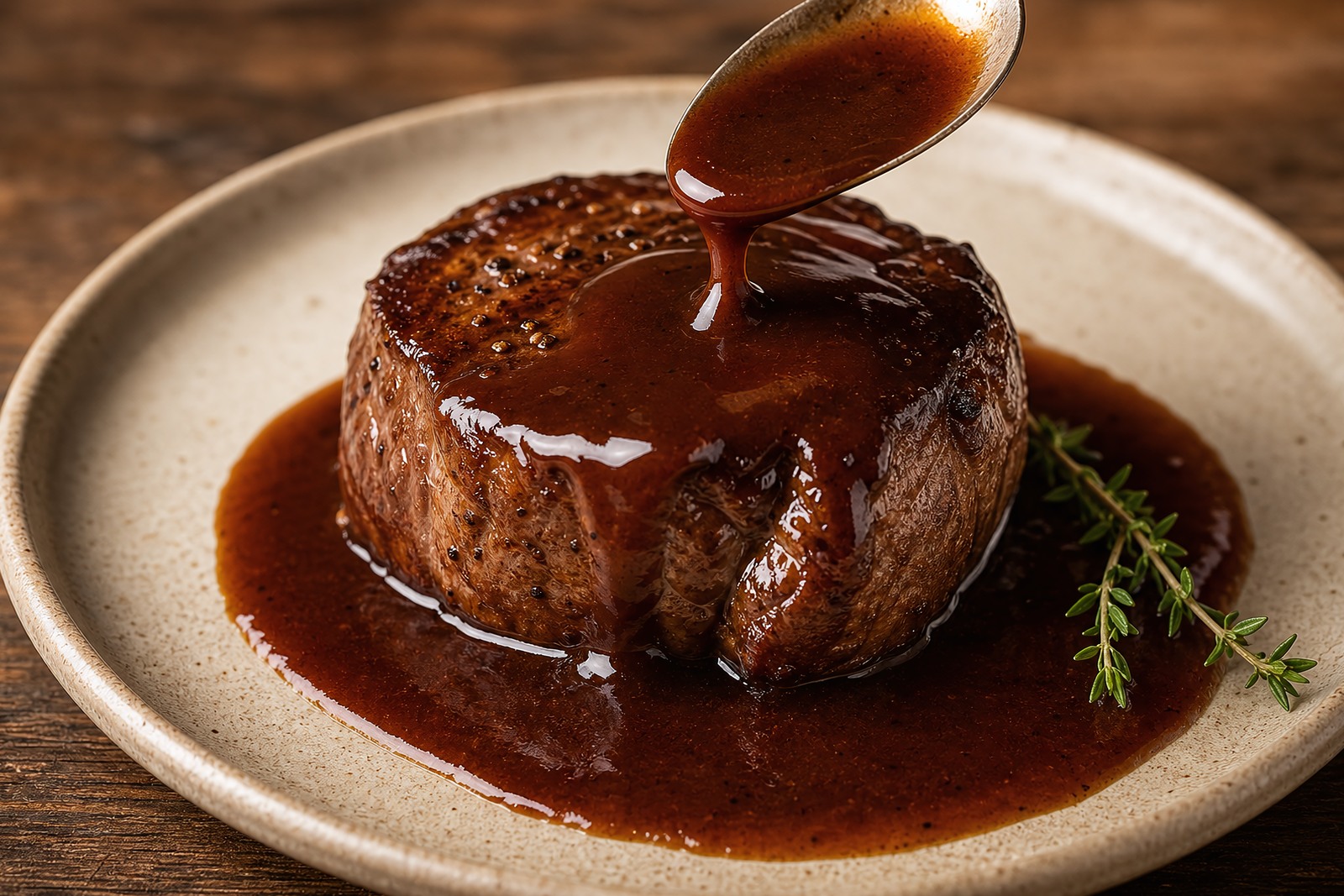 Glossy mahogany espagnole sauce spooned over a seared beef fillet with thyme