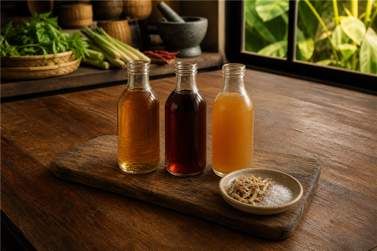 three glass bottles of fish sauce in a row on a weathered wooden board, left to right pale amber Tha