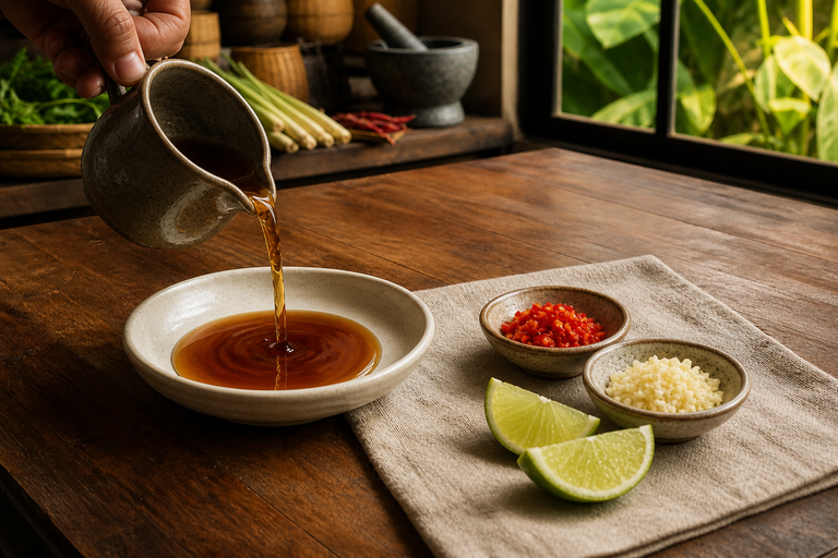 close up of dark amber Vietnamese nuoc mam nhi being poured from a small ceramic pitcher into a shal