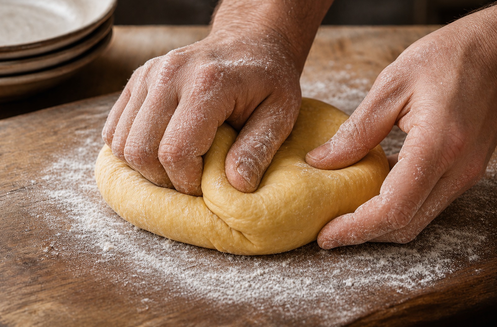 Floury hands kneading and folding a smooth egg-pasta dough on a floured wooden board