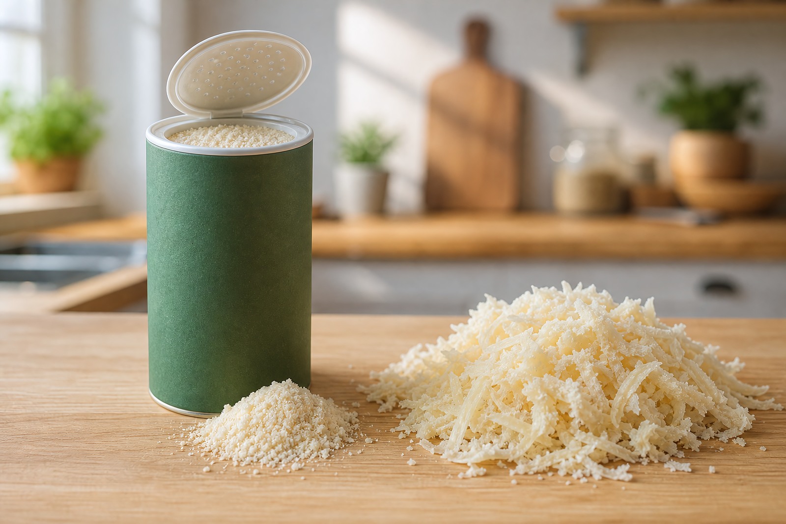 A green shaker of generic grated parmesan beside a heap of freshly grated real Parmigiano