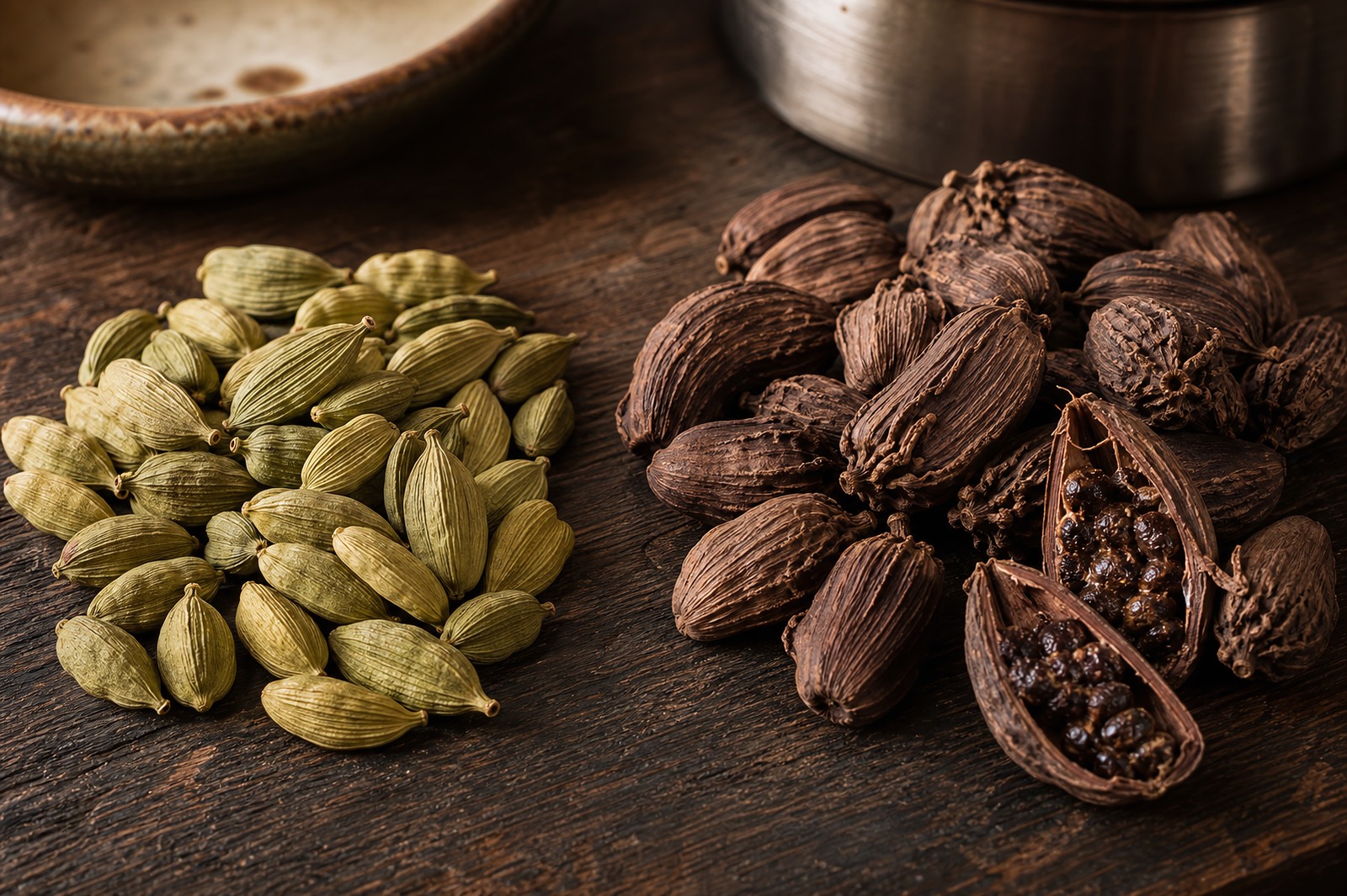 Green cardamom pods beside large black cardamom pods - green for perfume, black for smoke