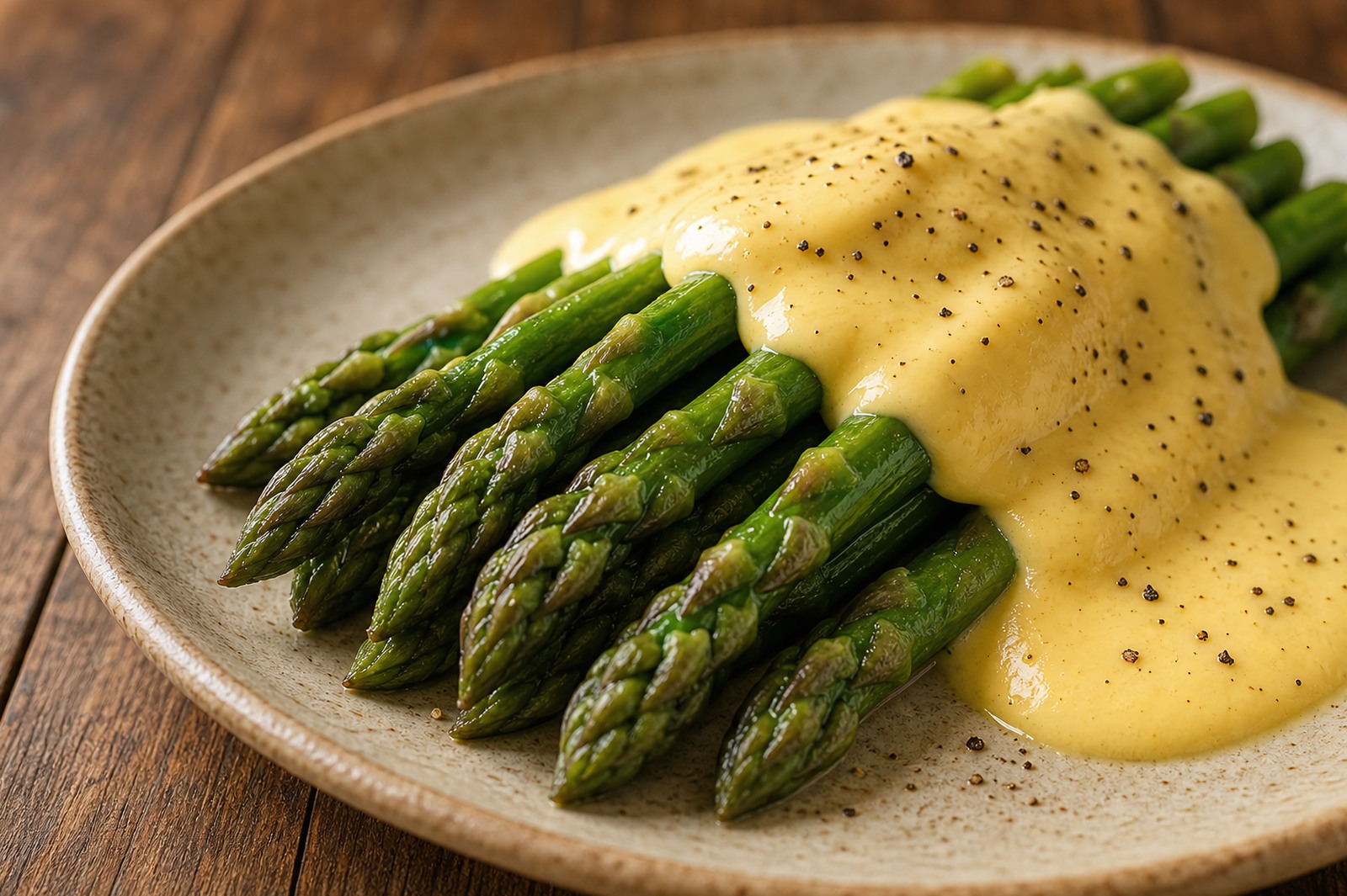 Buttery pale-yellow hollandaise spooned over bright green steamed asparagus spears