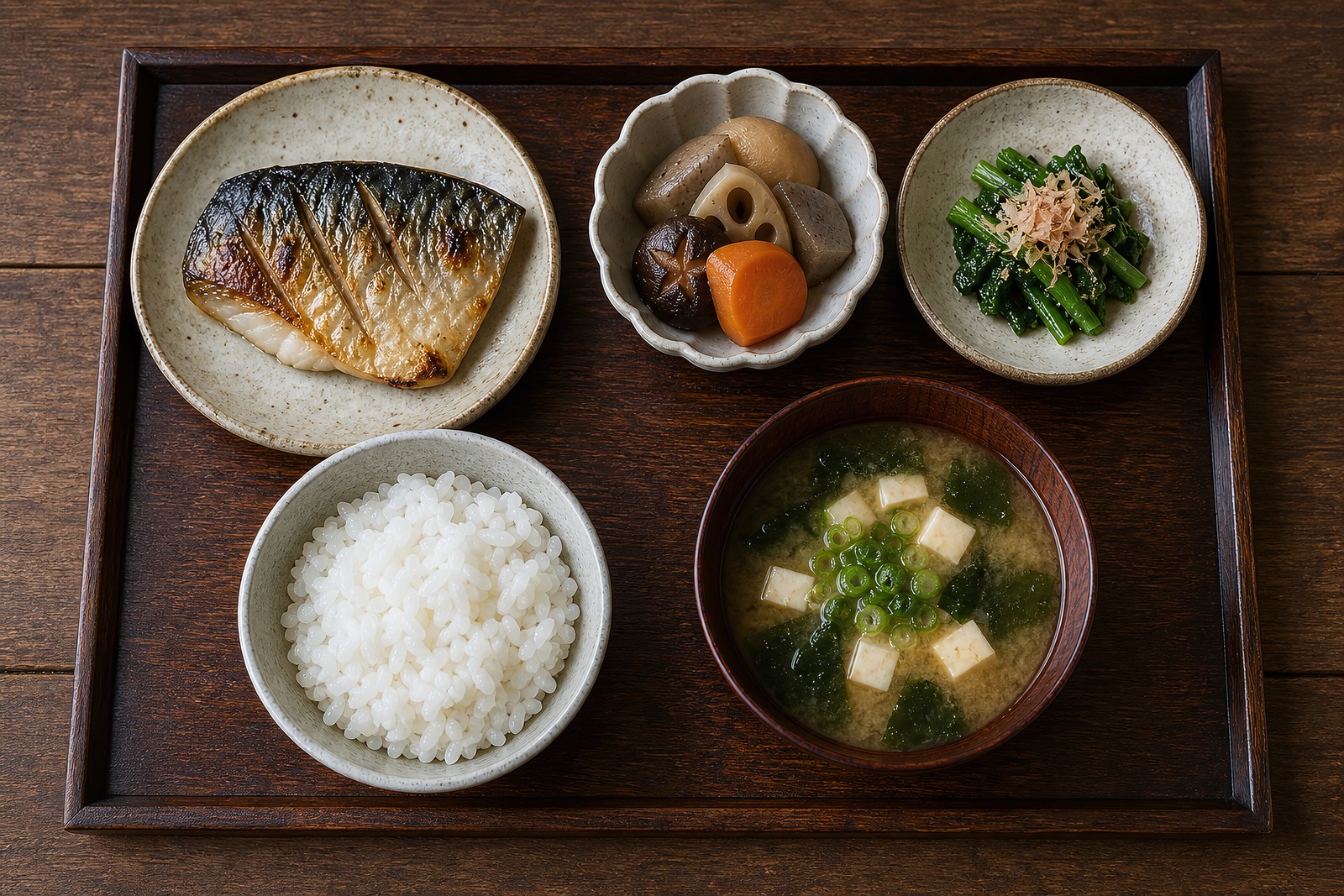 Overhead layout of an ichiju-sansai tray with rice at front-left and miso soup at front-right