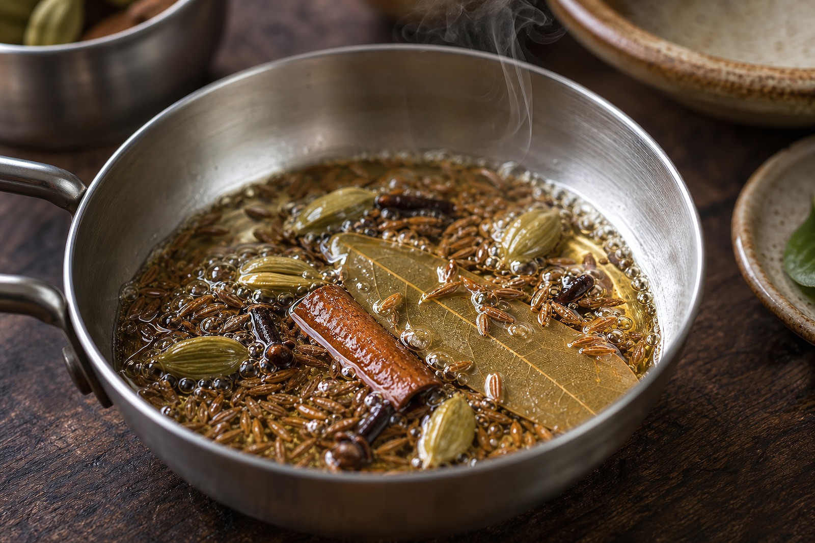 Whole Indian spices blooming in hot ghee in a steel tadka pan - cumin, cinnamon, cardamom, cloves and bay