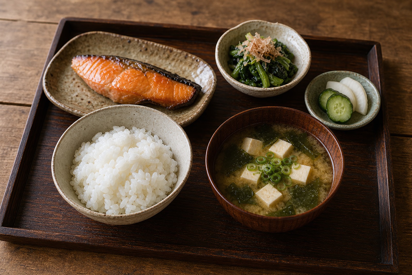 A simple everyday Japanese weeknight tray of rice, miso soup, grilled salmon, greens and pickles