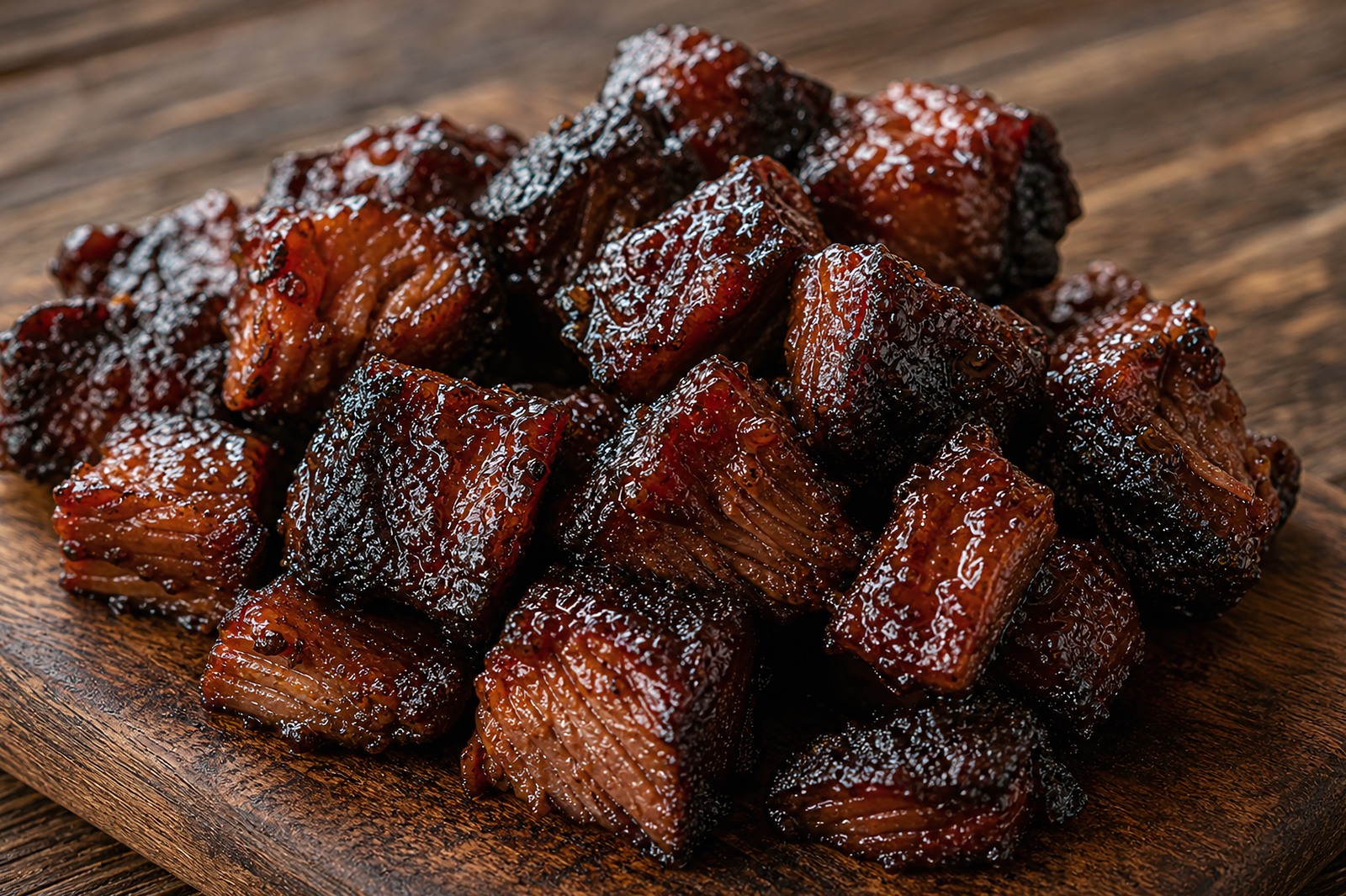 Kansas City burnt ends, glossy caramelized cubes of brisket point