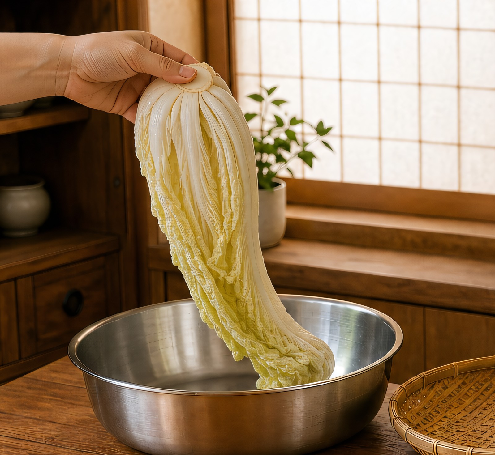 The bend test: a salted napa cabbage quarter held up, limp and drooping, showing it is fully salted