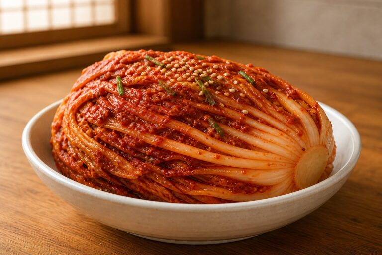 Freshly made baechu kimchi, a quartered napa cabbage coated in glossy red gochugaru paste, in a white dish