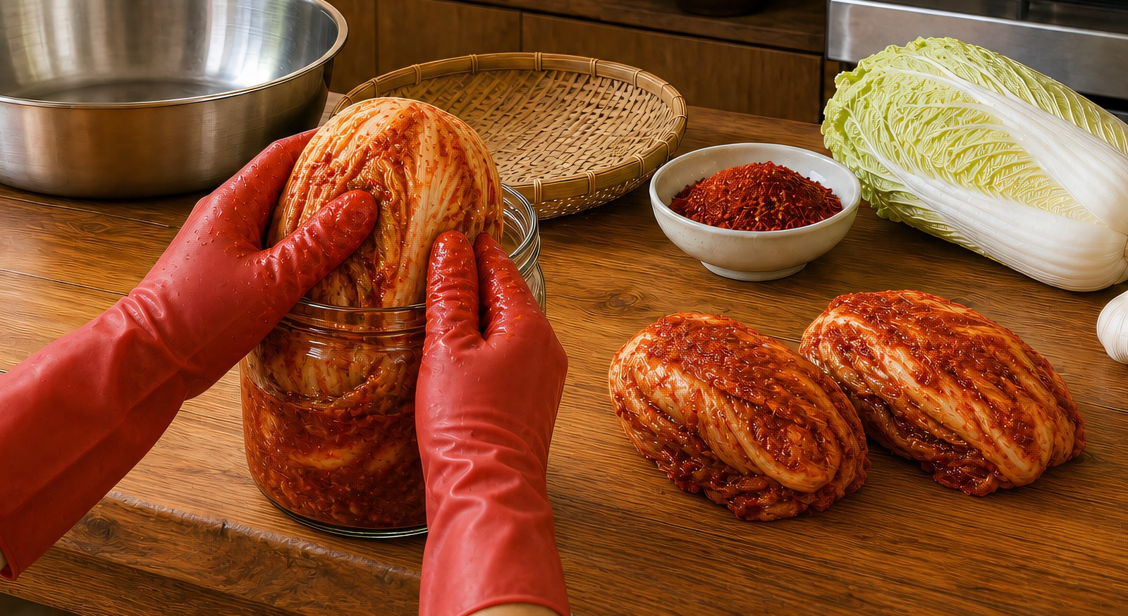 Packing coated red kimchi bundles into a clear glass jar