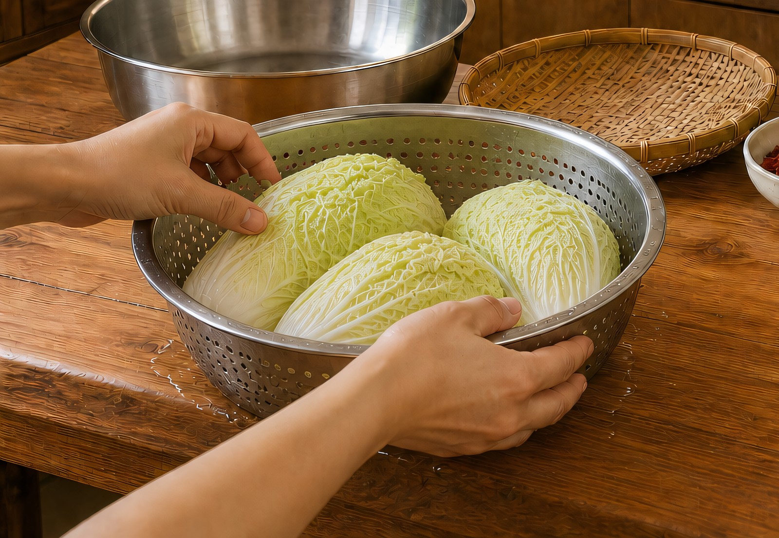 Rinsed napa cabbage quarters draining cut-side down in a stainless colander