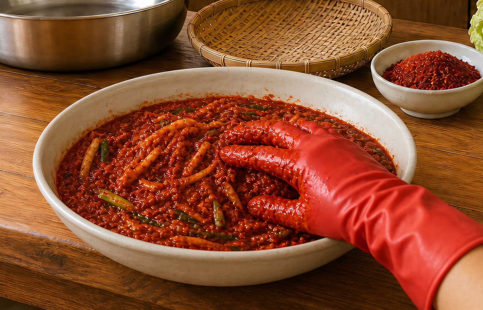 Mixing the deep-red kimchi seasoning paste with radish matchsticks and spring onions