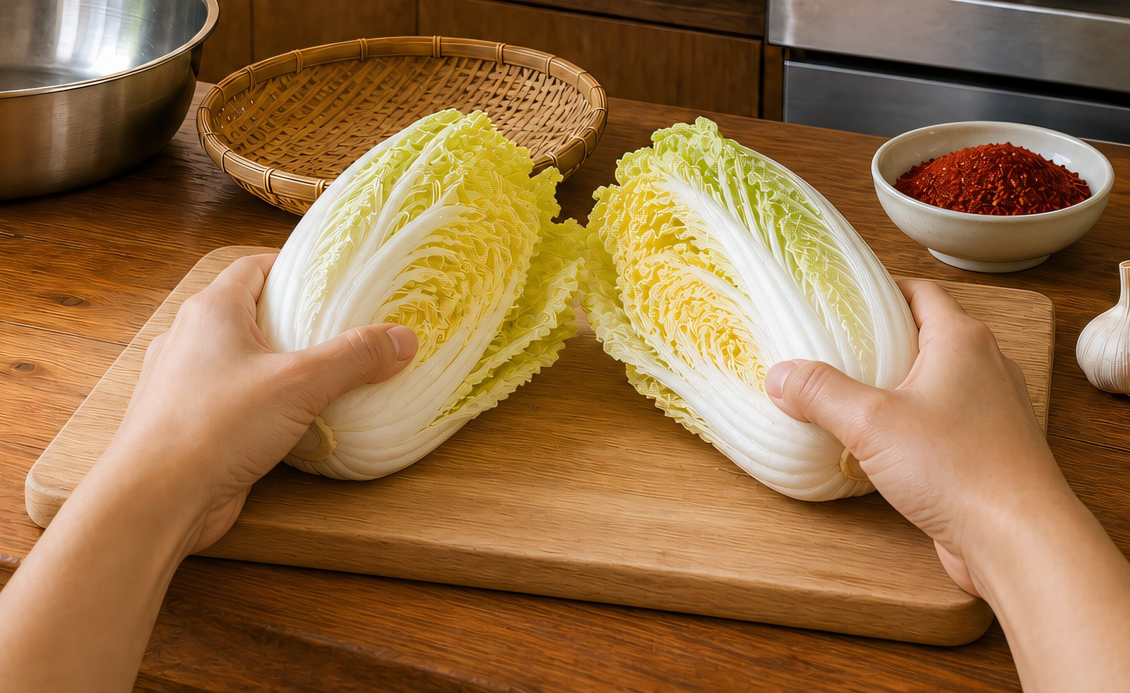 Step 1: a whole napa cabbage being torn into quarters by hand on a wooden board, leaves 