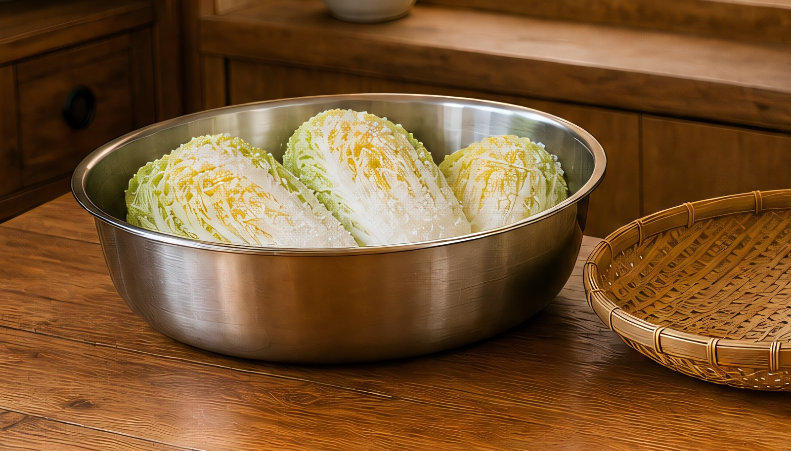 Step 2: napa cabbage quarters lying cut-side up in a wide ceramic bowl, coarse sea salt 