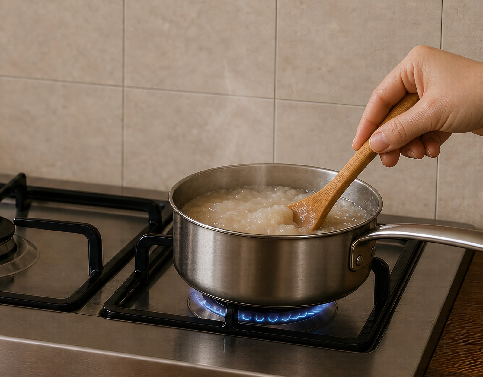 Step 4: a small saucepan with thick translucent sweet rice porridge being stirred with a