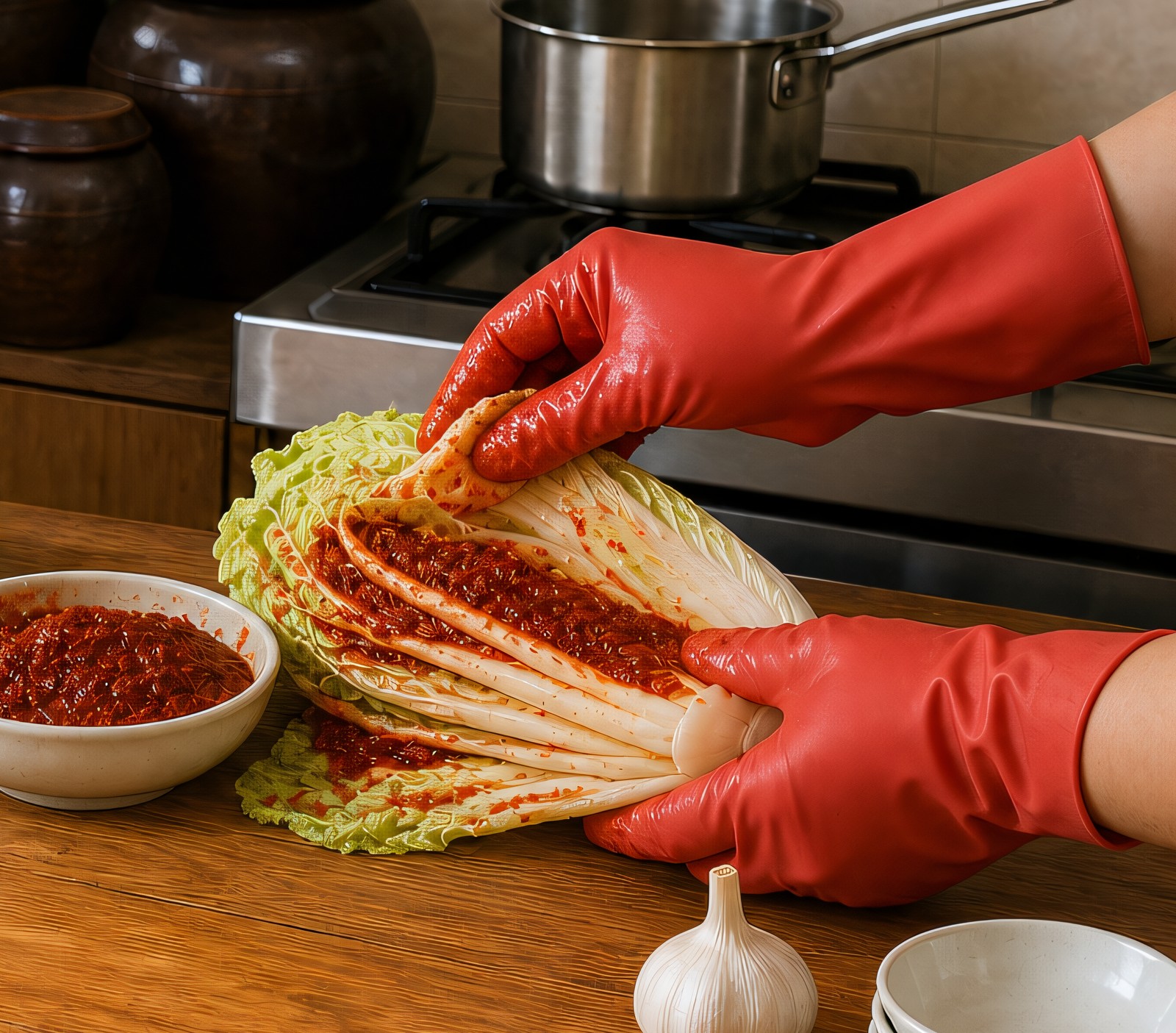 Step 7: gloved hands smearing red kimchi paste between the leaves of a quartered napa ca