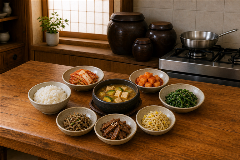 overhead shot of a full Korean home table on warm walnut with a bowl of steamed short-grain white ri