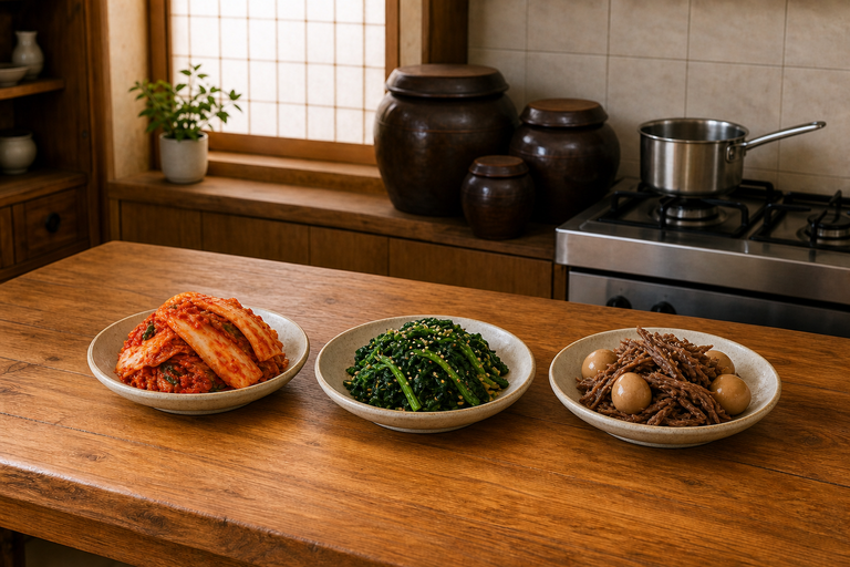 three small round ceramic plates arranged in a row on rustic wood, left plate holds bright red napa 