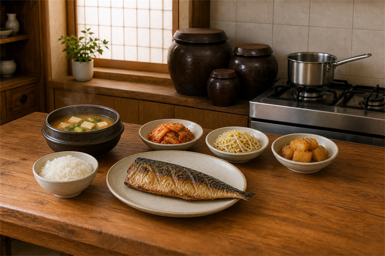 a composed Korean weeknight dinner on rustic wood, one plate of grilled mackerel with crisp skin at 