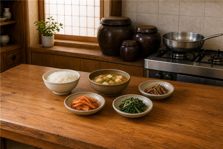 a simple Korean weeknight table on a warm walnut counter, one bowl of steamed white short-grain rice