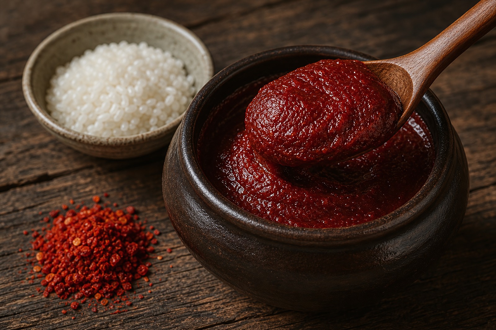 Deep glossy red gochujang in a brown onggi pot with a wooden spoon, gochugaru chile flakes beside it