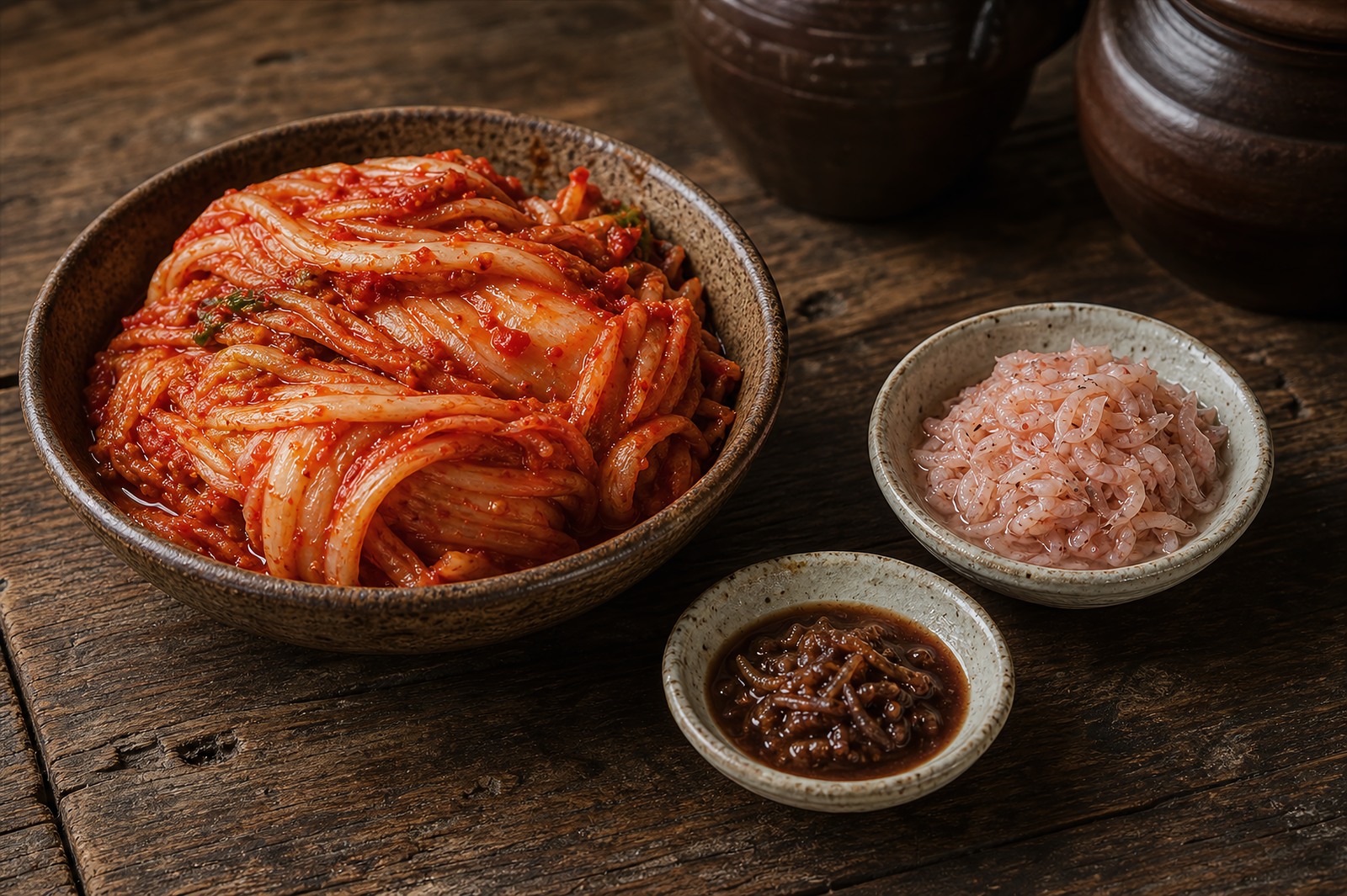 Napa cabbage kimchi beside a dish of saeu-jeot salted shrimp, the vegetable pillar and its hidden engine