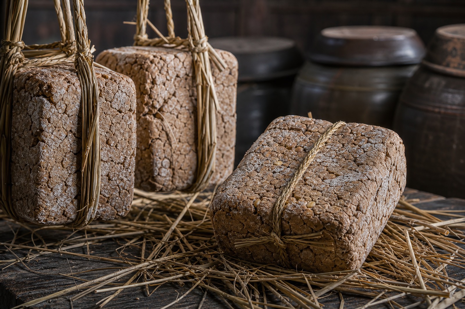 Blocks of Korean meju, fermented mashed-soybean bricks bound in rice straw, the origin of doenjang and ganjang