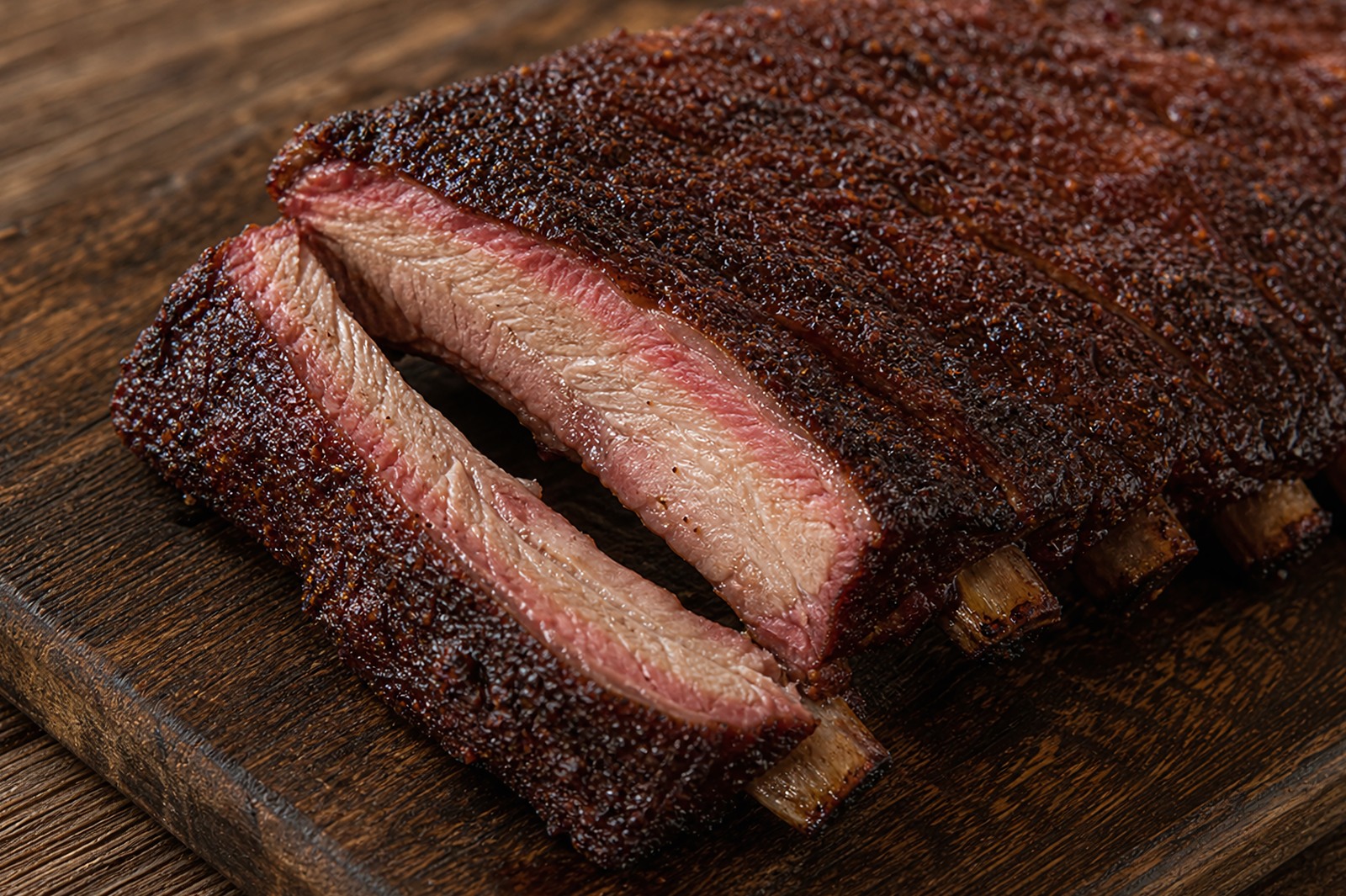 Memphis dry-rubbed smoked pork ribs with a mahogany bark