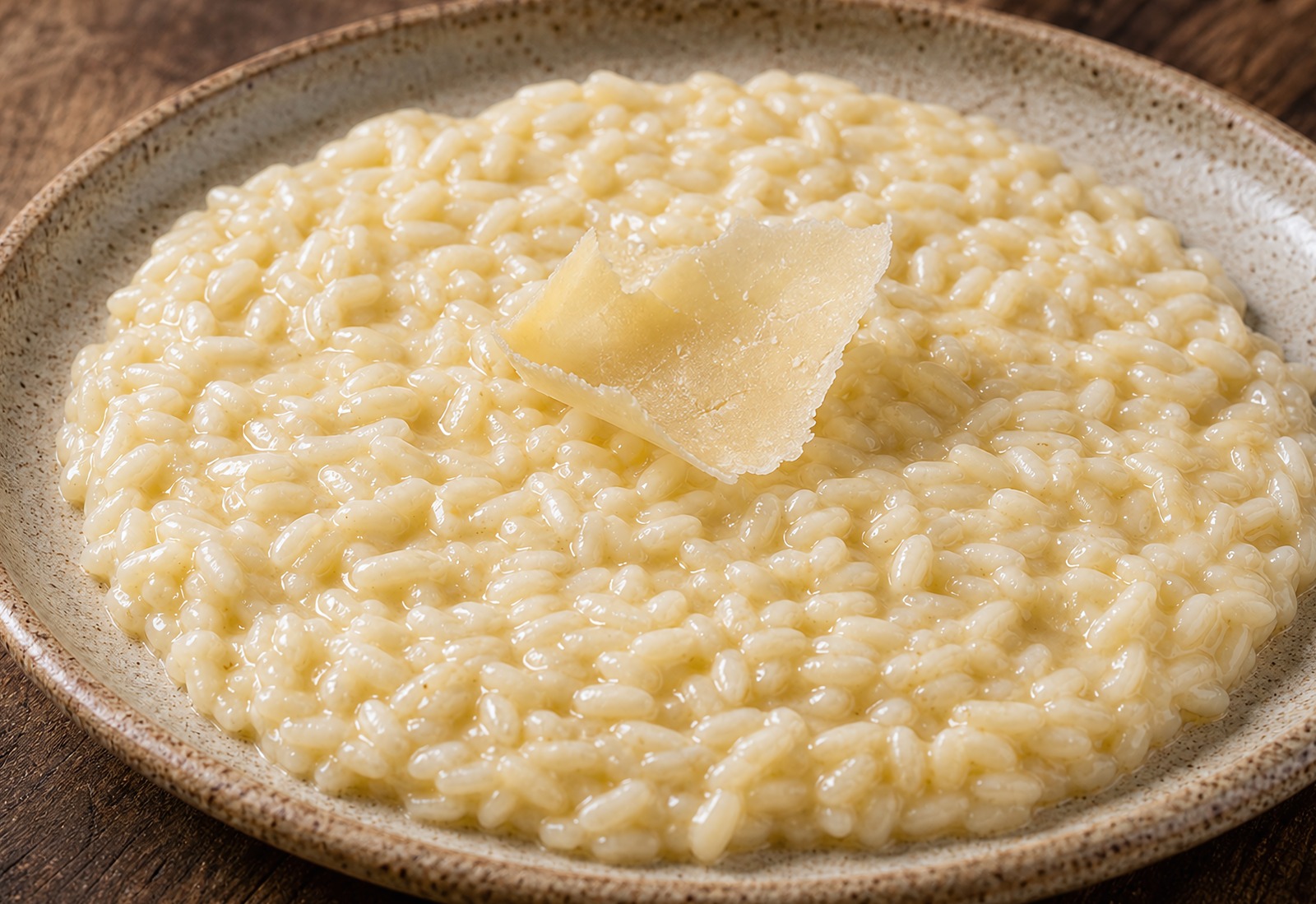 A creamy northern-Italian Parmesan risotto with distinct al dente rice grains and a curl of shaved Parmigiano