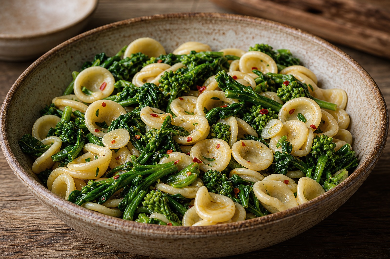 Orecchiette with broccoli rabe, garlic and chilli, the little pasta cups cradling the greens