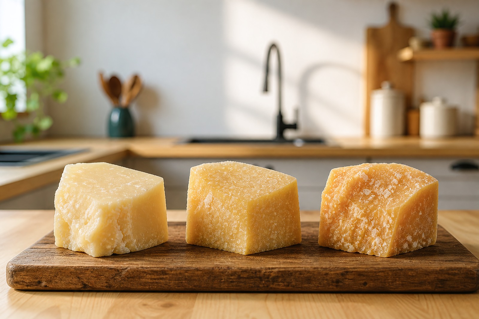 Three chunks of Parmigiano Reggiano aged 12, 24 and 36 months side by side