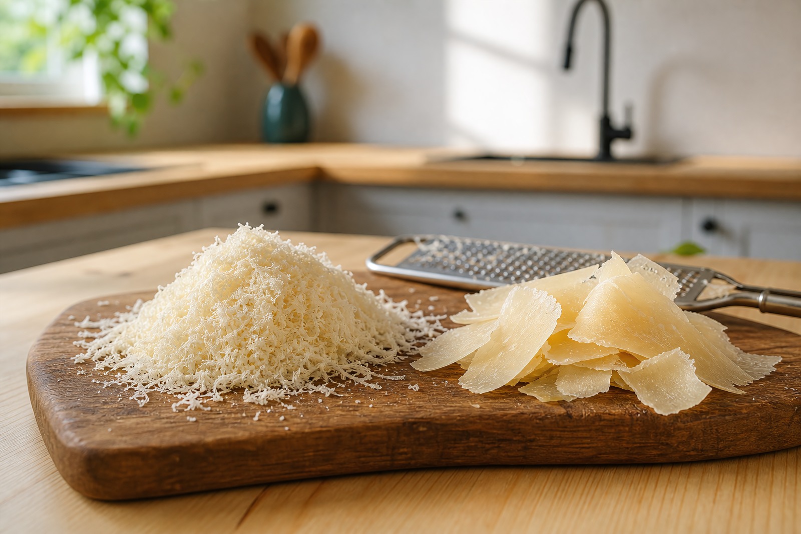 Real Parmigiano Reggiano finely grated in a mound beside delicate shaved curls