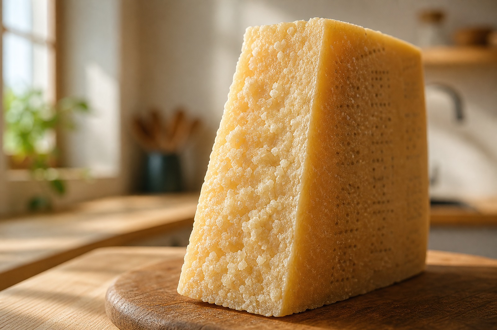 A wedge of Parmigiano Reggiano showing the pin-dot stencilled lettering on its rind