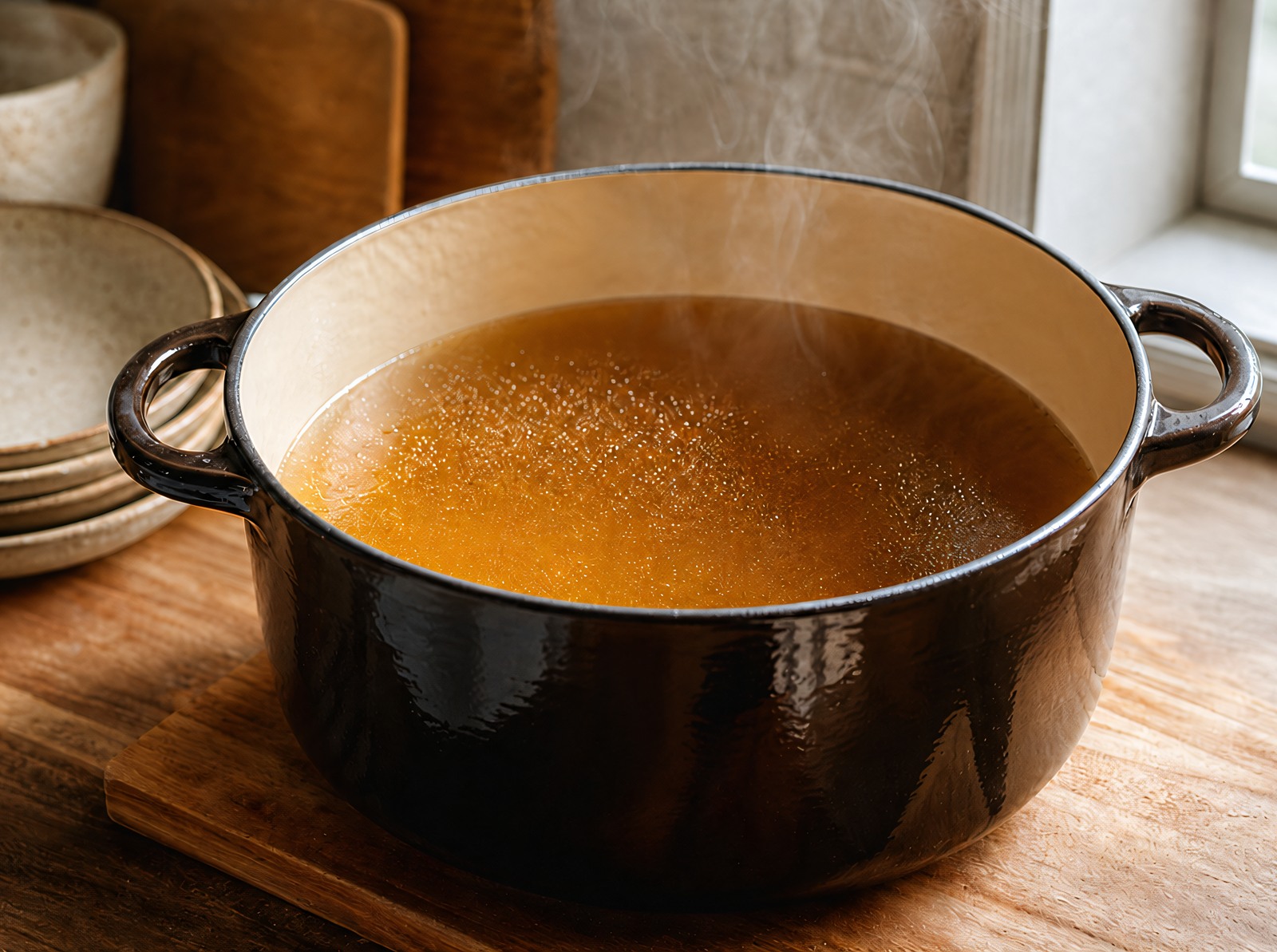 Step 7: a clear amber broth gently steaming in a deep stockpot, surface barely moving, a