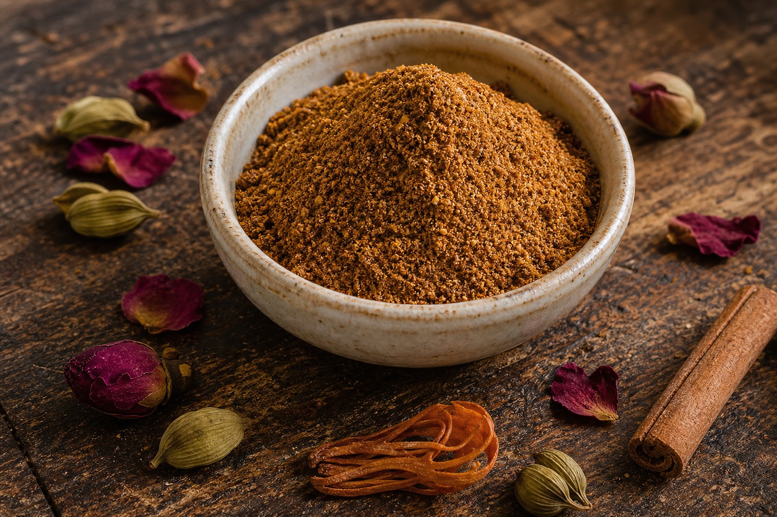 A bowl of ras el hanout, the complex reddish-gold Moroccan blend, with rose petals, cardamom and cinnamon
