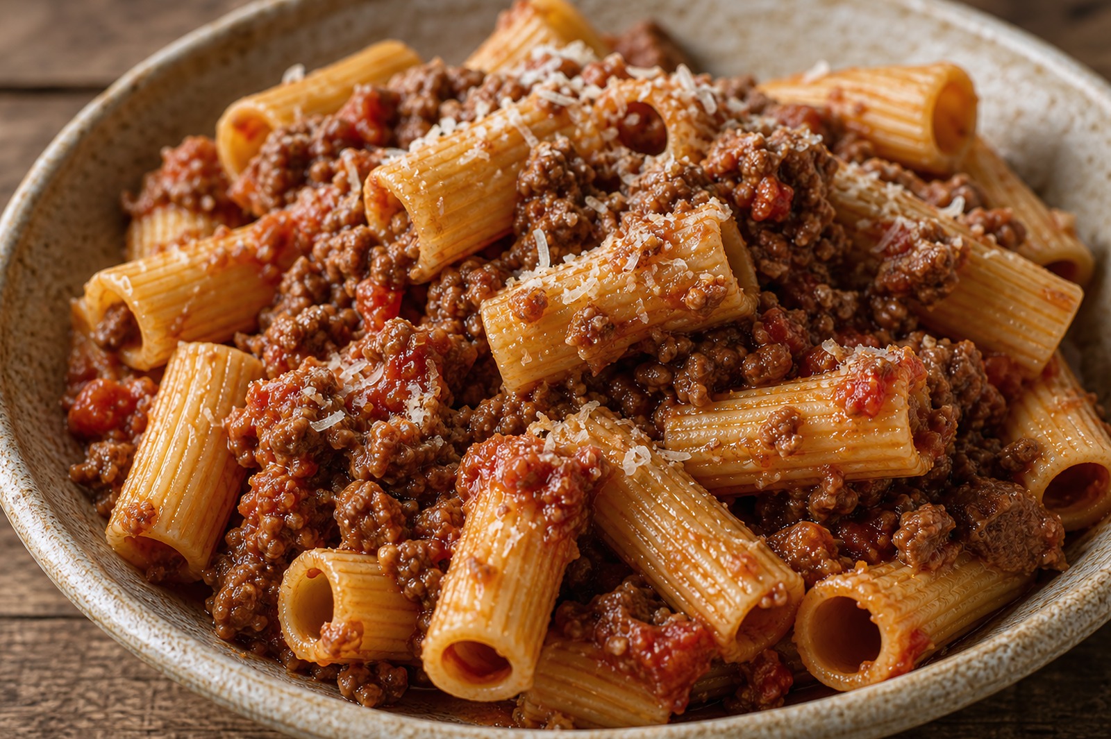 Rigatoni tubes coated in a chunky meat ragu, the sauce caught in the ridges and inside the tubes