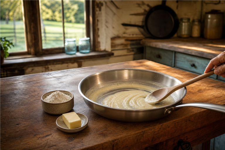a shallow cast iron skillet on a warm walnut counter holding a pale ivory white roux being stirred w