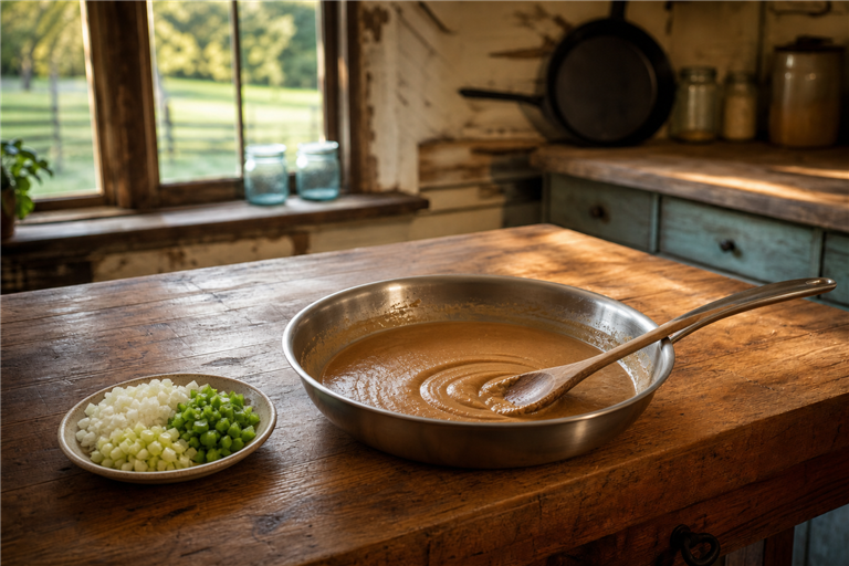 a black cast iron skillet holding a peanut-butter colored brown roux mid-stir, a wooden spoon leanin