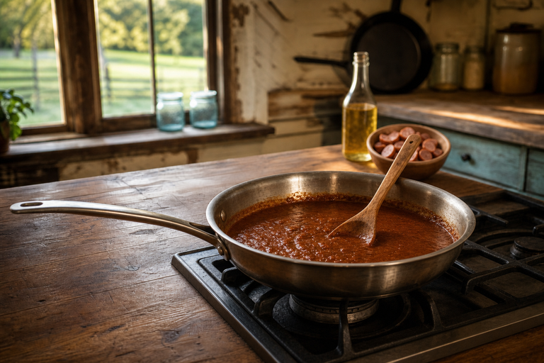 a well-seasoned black iron skillet holding a deep copper-penny colored dark Cajun roux, a wooden spo