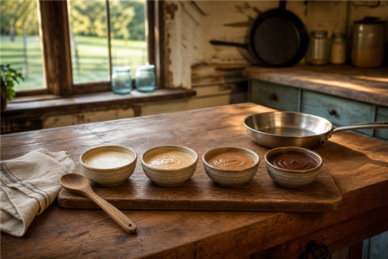 four small ramekins on a rustic wooden board showing progressive roux stages from ivory to blonde to