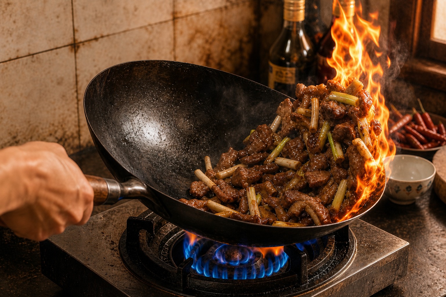 A hand tossing lamb and scallion in a single-handle wok over flame, Shandong bao stir-fry