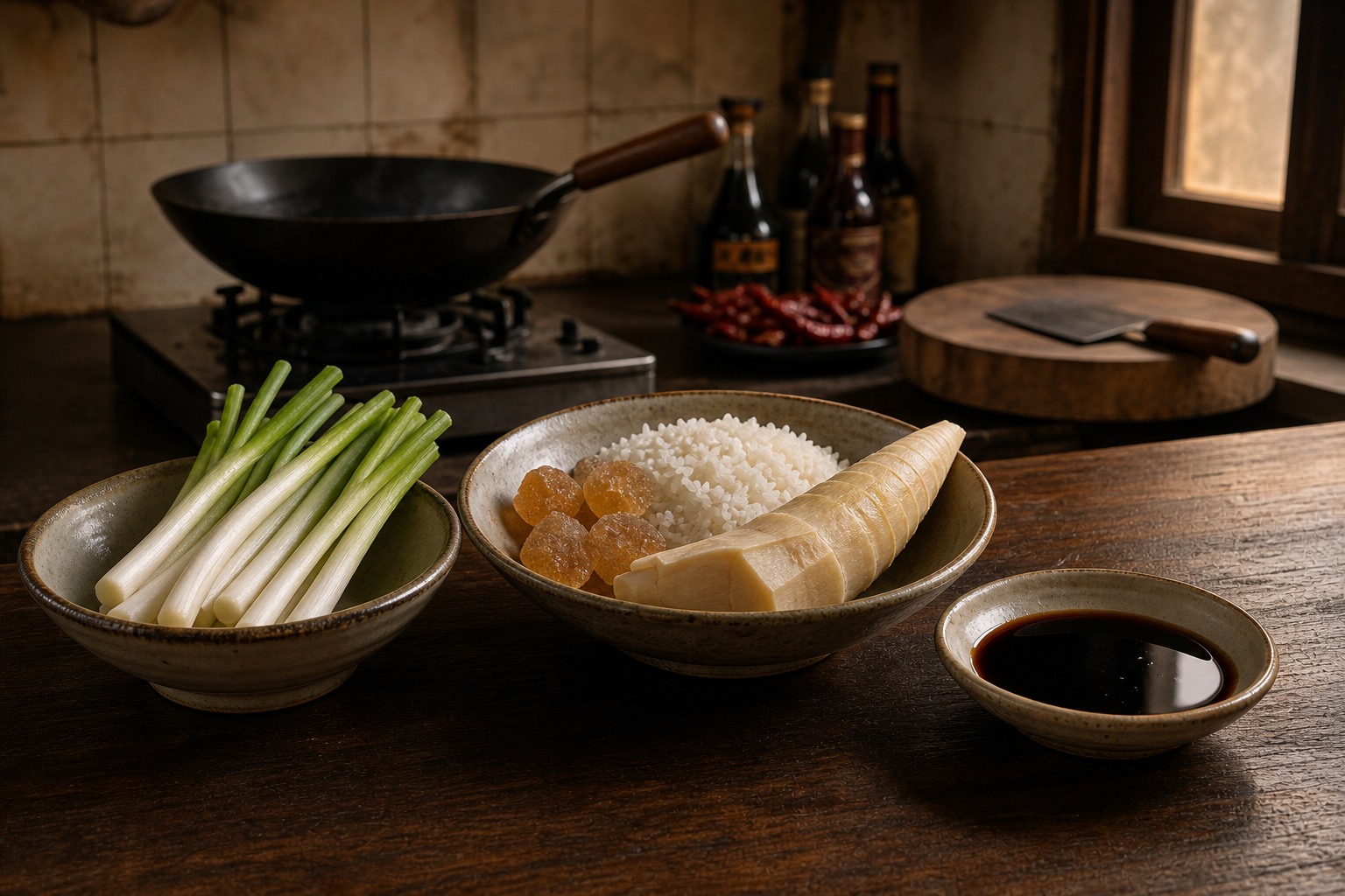 Shandong scallion and vinegar beside Huaiyang rice, rock sugar and bamboo shoot