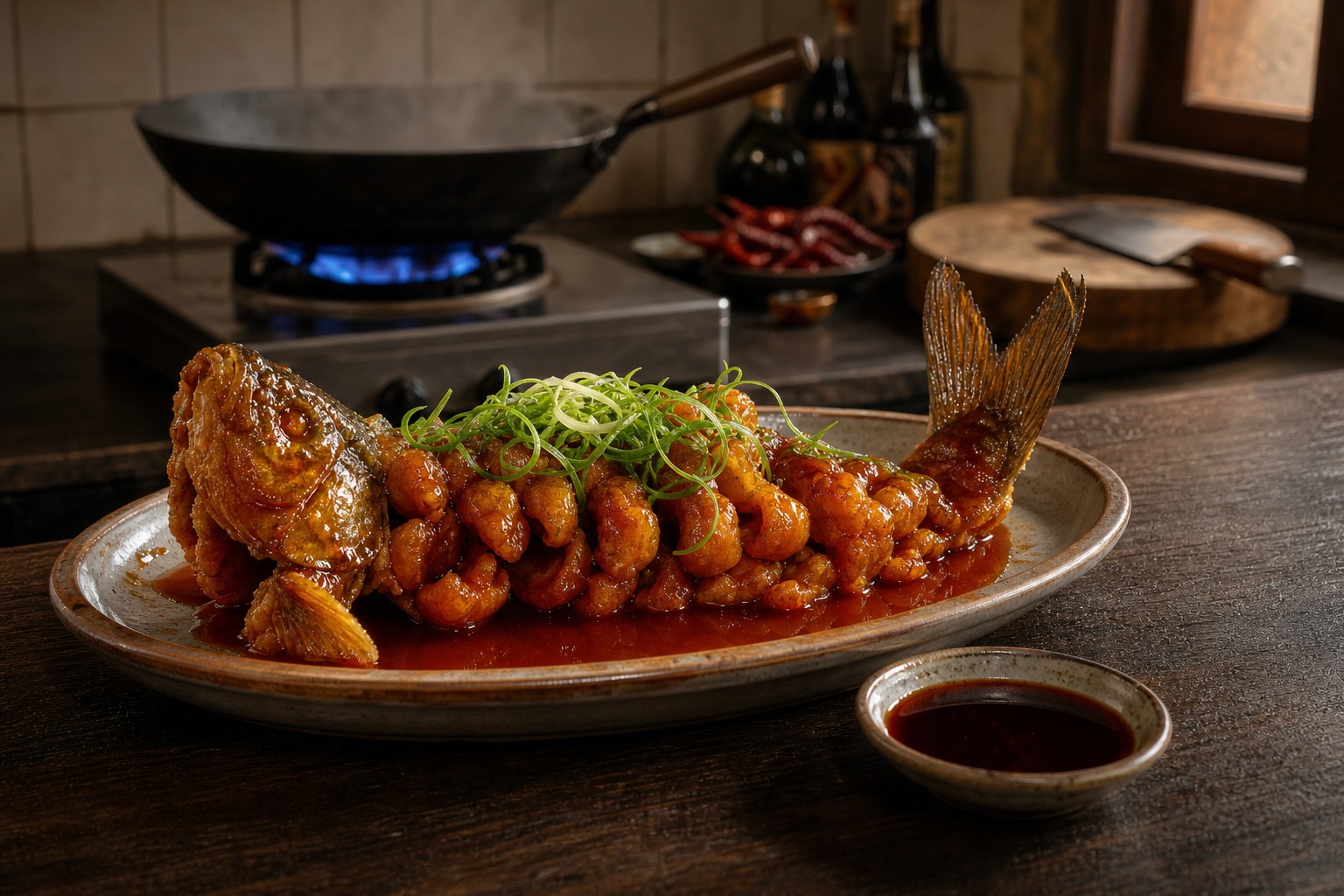 Whole sweet-and-sour Yellow River carp scored and glazed on an oval platter