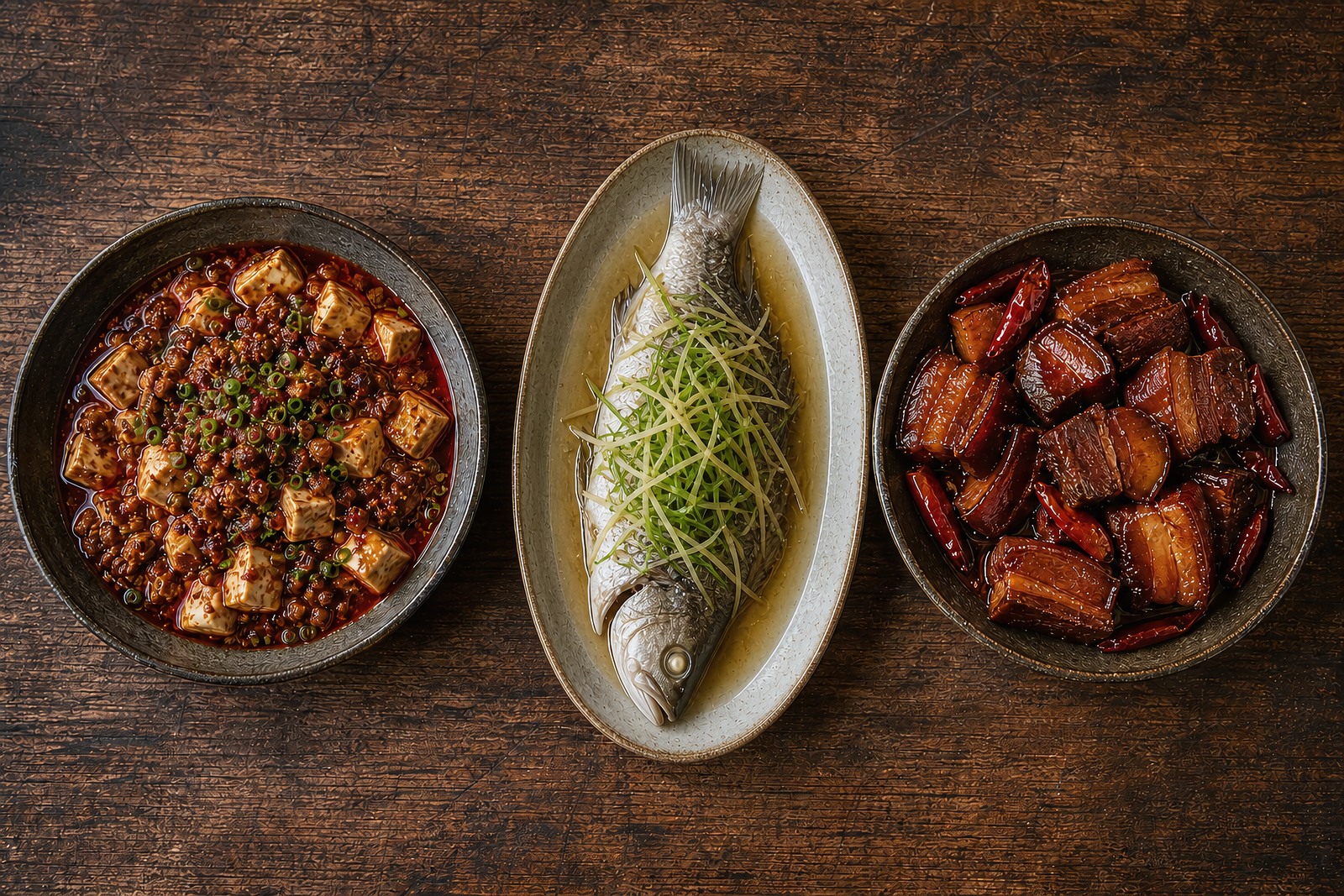 Three benchmark dishes side by side: Sichuan mapo tofu, Cantonese steamed fish, and Hunan red-braised pork